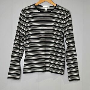 Jones New York Sport Black White Stripe Long Sleeve Fitted Cotton T-Shirt Top L